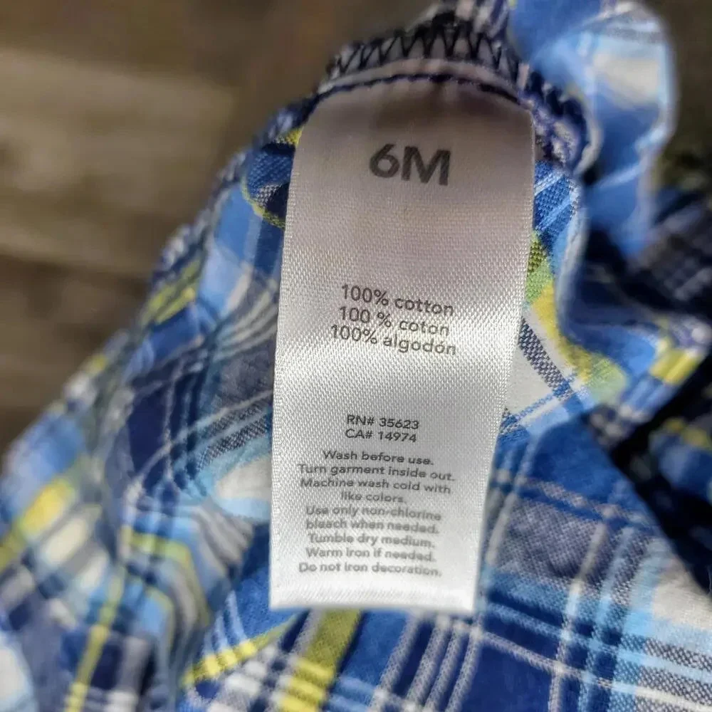 Carter's Baby Boy Size 6m Blue Yellow Plaid Romper Shortall 100% Cotton EUC